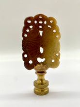 Load image into Gallery viewer, carved amber lamp finial, openwork carved finial detail, vintage style carved lamp finial with cutouts, amber tone decorative finial with brass base, intricate carved finial for table lamp, detailed open cut lamp finial design, warm brown carved finial topper, ornamental pierced finial for lighting decor, unique vintage inspired lamp finial, sculptural carved finial with openwork pattern