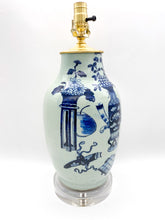 Load image into Gallery viewer, Vintage Celadon/Blue Vases and Stands Floral Lamp, ~25&quot;