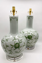 Load image into Gallery viewer, lamps, lamps store, lighting store, Dallas lampshade store, Dallas lamps, interior design Dallas, lampshade store, lampshades Dallas, green vine detail, ceramic lamp, glazed ceramic, ceramic vase, ceramic vase lamp, celadon, celadon vase lamp, acrylic base, acrylic bases, modern lamp, modern, contemporary lamp, contemporary, 31.5&quot; height
