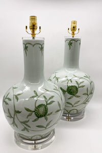 lamps, lamps store, lighting store, Dallas lampshade store, Dallas lamps, interior design Dallas, lampshade store, lampshades Dallas, green vine detail, ceramic lamp, glazed ceramic, ceramic vase, ceramic vase lamp, celadon, celadon vase lamp, acrylic base, acrylic bases, modern lamp, modern, contemporary lamp, contemporary, 31.5" height
