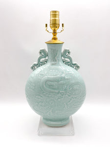 lamps, lamps store, lighting store, Dallas lampshade store, Dallas lamps, interior design Dallas, lampshade store, lampshades Dallas, porcelain lamp, celadon lamp, dragon pattern, dragon, relief, texture, rectangle base, light celadon, crackle glaze, wine bottle, Chinese wine bottle lamp