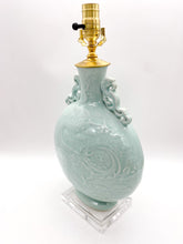 Load image into Gallery viewer, lamps, lamps store, lighting store, Dallas lampshade store, Dallas lamps, interior design Dallas, lampshade store, lampshades Dallas, porcelain lamp, celadon lamp, dragon pattern, dragon, relief, texture, rectangle base, light celadon, crackle glaze, wine bottle, Chinese wine bottle lamp
