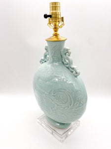 lamps, lamps store, lighting store, Dallas lampshade store, Dallas lamps, interior design Dallas, lampshade store, lampshades Dallas, porcelain lamp, celadon lamp, dragon pattern, dragon, relief, texture, rectangle base, light celadon, crackle glaze, wine bottle, Chinese wine bottle lamp
