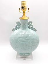 Load image into Gallery viewer, lamps, lamps store, lighting store, Dallas lampshade store, Dallas lamps, interior design Dallas, lampshade store, lampshades Dallas, porcelain lamp, celadon lamp, dragon pattern, dragon, relief, texture, rectangle base, light celadon, crackle glaze, wine bottle, Chinese wine bottle lamp