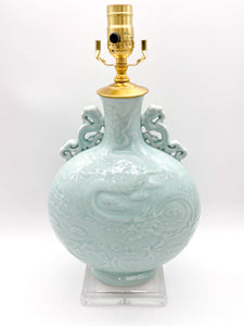 lamps, lamps store, lighting store, Dallas lampshade store, Dallas lamps, interior design Dallas, lampshade store, lampshades Dallas, porcelain lamp, celadon lamp, dragon pattern, dragon, relief, texture, rectangle base, light celadon, crackle glaze, wine bottle, Chinese wine bottle lamp