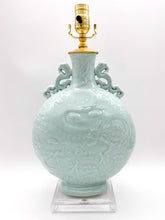 Load image into Gallery viewer, lamps, lamps store, lighting store, Dallas lampshade store, Dallas lamps, interior design Dallas, lampshade store, lampshades Dallas, porcelain lamp, celadon lamp, dragon pattern, dragon, relief, texture, rectangle base, light celadon, crackle glaze, wine bottle, Chinese wine bottle lamp