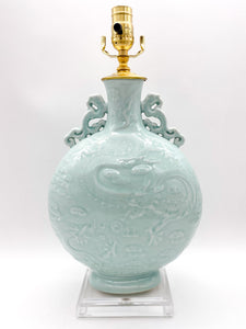 lamps, lamps store, lighting store, Dallas lampshade store, Dallas lamps, interior design Dallas, lampshade store, lampshades Dallas, porcelain lamp, celadon lamp, dragon pattern, dragon, relief, texture, rectangle base, light celadon, crackle glaze, wine bottle, Chinese wine bottle lamp