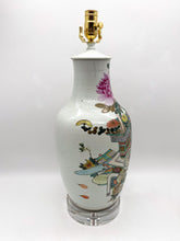 Load image into Gallery viewer, antique chinese ceramic celadon vase, intricately patterned, vases with peonies, florals, teal, celadon, light blue, pink, green, clear acrylic
