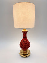Load image into Gallery viewer, cinnabar, table lamp, table lamps, red, oxblood, vintage, Chinese, oriental, antique, carved, carving, vase, vase lamp, bookshelf lamp, cabinet lamp, gold leaf, gold leafed, Dallas lampshades, Dallas lighting store, Dallas lamp store