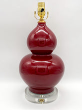 Load image into Gallery viewer, crimson red high gloss ceramic smooth glaze double gourd vase lamp on stacked acrylic base