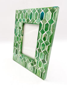 emerald hand inlaid bone ivory diamond corrugated pattern light olive green with darker shades of forest green detail surround picture frame with brown woodgrain finish on reverse side