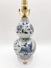 Load image into Gallery viewer, blue and white, blue and celadon, double gourd, vintage ceramic, phoenix detail, floral pattern, Chinese vase, Chinese ceramic, oriental vase, oriental ceramic, acrylic base, Dallas lamp shop, Dallas lamp store