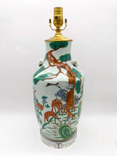 Load image into Gallery viewer, Antique-Ceramic-Deers-in-the-Forest-Table-Lamp.-18 -tall-(to-harp-saddle)