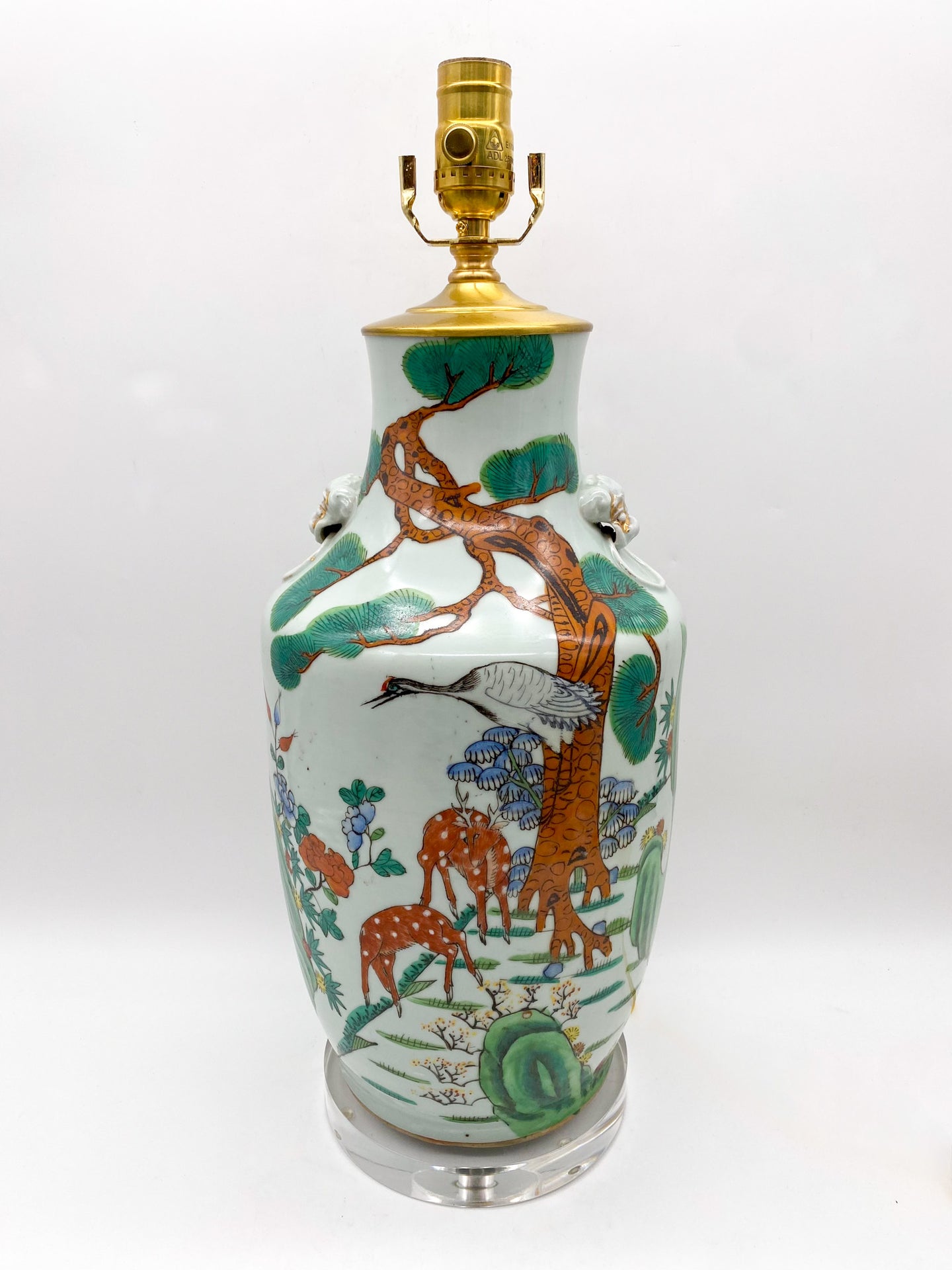 Antique-Ceramic-Deers-in-the-Forest-Table-Lamp.-18 -tall-(to-harp-saddle)