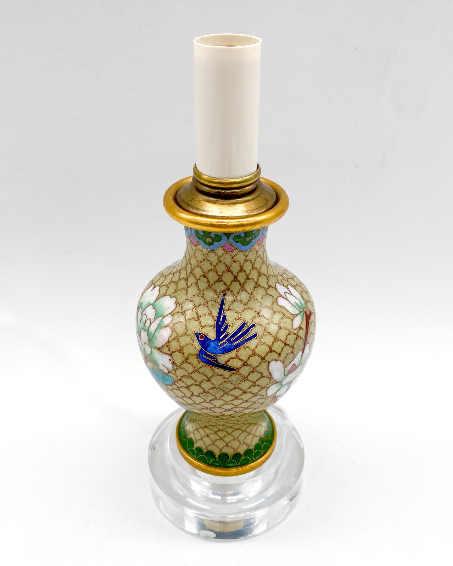 Small Floral Blue Bird Cloissone Vase Lamp