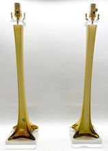 Load image into Gallery viewer, Vintage Stretched Olive Green Murano Glass Lamp Pair