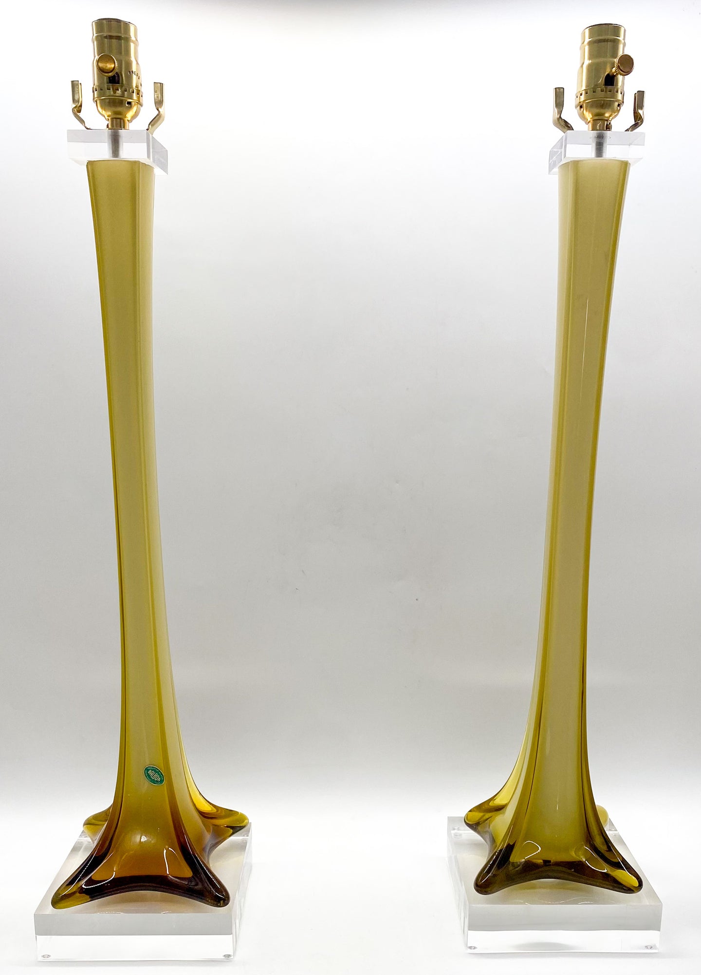 Vintage Stretched Olive Green Murano Glass Lamp Pair