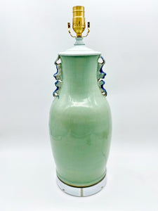 Celadon Porcelain Lamp with Blue Dragon and Fou Lion Handles, ~27"