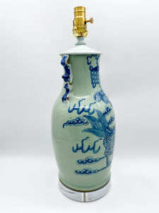 Celadon Porcelain Lamp with Blue Dragon and Fou Lion Handles, ~27"