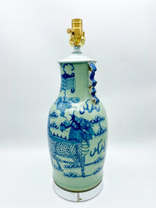 Celadon Porcelain Lamp with Blue Dragon and Fou Lion Handles, ~27"