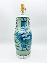 Load image into Gallery viewer, Celadon Porcelain Lamp with Blue Dragon and Fou Lion Handles, ~27&quot;