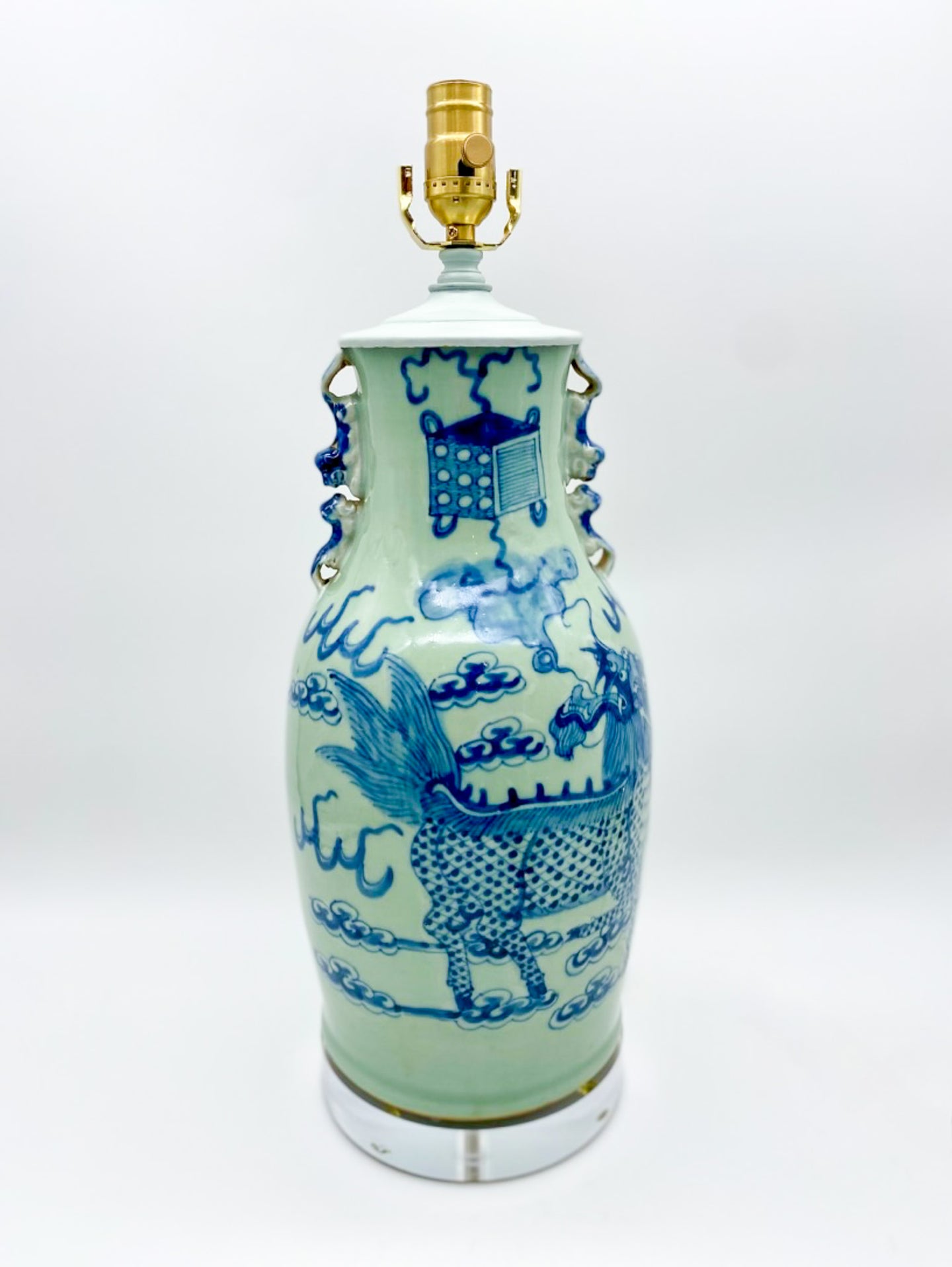 Celadon Porcelain Lamp with Blue Dragon and Fou Lion Handles, ~27