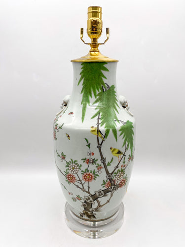 Vintage Chinese Vase Lamp, Canaries and Peonies, ~28