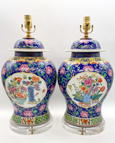 oriental, navy blue, ceramic, ceramic urn, chinese, asian, floral, urn, urn lamps, ceramic vase lamps, multicolor, turquoise, tie dye, colorful, yellow, purple, pink, green, greek key, acrylic, acrylic base, lamps, lamp store, Dallas, lampshades, lighting, home lighting, interior design, home decor, decor, Dallas lamp store, Dallas lighting store