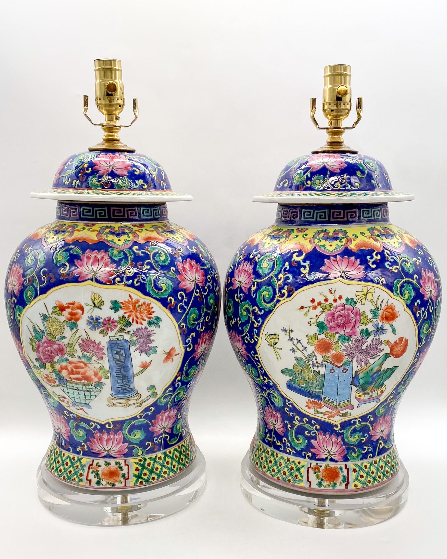 oriental, navy blue, ceramic, ceramic urn, chinese, asian, floral, urn, urn lamps, ceramic vase lamps, multicolor, turquoise, tie dye, colorful, yellow, purple, pink, green, greek key, acrylic, acrylic base, lamps, lamp store, Dallas, lampshades, lighting, home lighting, interior design, home decor, decor, Dallas lamp store, Dallas lighting store