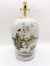 Load image into Gallery viewer, antique oriental ceramic vase lamp, figural imagery, outdoor scenery, floral detail, floral imagery, vintage vase lamp, vintage lamp, Oriental vase lamp, Dallas lamp shop, Dallas lamp store, lampshade store Dallas, Dallas lampshade store