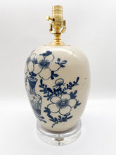 Load image into Gallery viewer, blue &amp; white lamp, ceramic lamp, vase lamp, antique Chinese lamp, Chinese ceramic, Chinese art, floral pattern, vase imagery, vase pattern, flowers, acrylic base, oversized flowers, big flowers, Dallas lamp store, Dallas lamp shop, Dallas lampshades