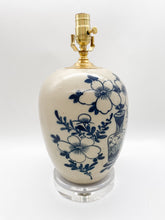 Load image into Gallery viewer, blue &amp; white lamp, ceramic lamp, vase lamp, antique Chinese lamp, Chinese ceramic, Chinese art, floral pattern, vase imagery, vase pattern, flowers, acrylic base, oversized flowers, big flowers, Dallas lamp store, Dallas lamp shop, Dallas lampshades