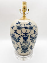 Load image into Gallery viewer, blue &amp; white lamp, ceramic lamp, vase lamp, antique Chinese lamp, Chinese ceramic, Chinese art, floral pattern, vase imagery, vase pattern, flowers, acrylic base, oversized flowers, big flowers, Dallas lamp store, Dallas lamp shop, Dallas lampshades