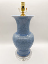 Load image into Gallery viewer, ceramic lamp, blue lamp, crackle glaze, bell jar vase lamp, acrylic base, clear acrylic base, fish tail vase lamp, Dallas lamp store, lampshades Dallas