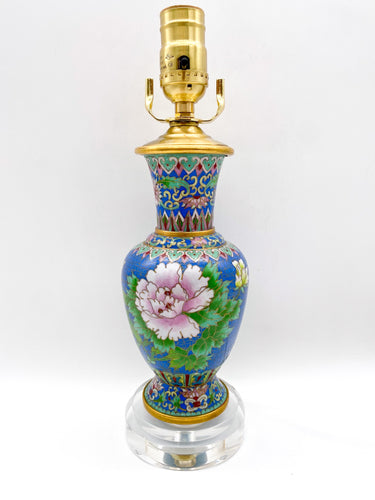 French Blue Floral Cloisonne Vase Lamp
