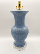 Load image into Gallery viewer, ceramic lamp, blue lamp, crackle glaze, bell jar vase lamp, acrylic base, clear acrylic base, fish tail vase lamp, Dallas lamp store, lampshades Dallas