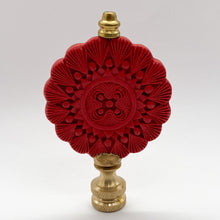 Load image into Gallery viewer, cinnabar, cinnebar, finial, finials, red finial, round finial, Chinese finial, Asian finial, vintage finial, oriental finial, medallion finial, carved, carved finial, cinnabar carving, cinnebar carving, lampshade finial, lampshade topper, lampshade top, table lamp top, table lamp finial