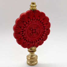 Load image into Gallery viewer, cinnabar, cinnebar, finial, finials, red finial, round finial, Chinese finial, Asian finial, vintage finial, oriental finial, medallion finial, carved, carved finial, cinnabar carving, cinnebar carving, lampshade finial, lampshade topper, lampshade top, table lamp top, table lamp finial