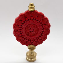 Load image into Gallery viewer, cinnabar, cinnebar, finial, finials, red finial, round finial, Chinese finial, Asian finial, vintage finial, oriental finial, medallion finial, carved, carved finial, cinnabar carving, cinnebar carving, lampshade finial, lampshade topper, lampshade top, table lamp top, table lamp finial
