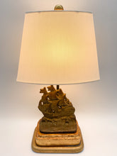 Load image into Gallery viewer, lamp, table lamp, tablelamp, ship, galleon, pirate ship, sailing ship, wooden ship, doorstop lamp, doorstop, wooden base, brass, gold leaf, gold leaf base, gold base, gold leafed base, Dallas lamp store, Dallas lampshade store, antique lamp