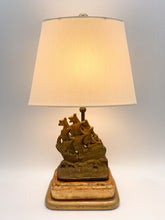 Load image into Gallery viewer, lamp, table lamp, tablelamp, ship, galleon, pirate ship, sailing ship, wooden ship, doorstop lamp, doorstop, wooden base, brass, gold leaf, gold leaf base, gold base, gold leafed base, Dallas lamp store, Dallas lampshade store, antique lamp