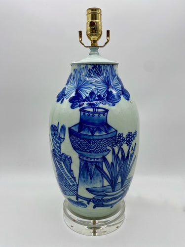 Cut-Neck-Blue-Ceramic-Vase-Lamp.-17in.-(to-harp-saddle)
