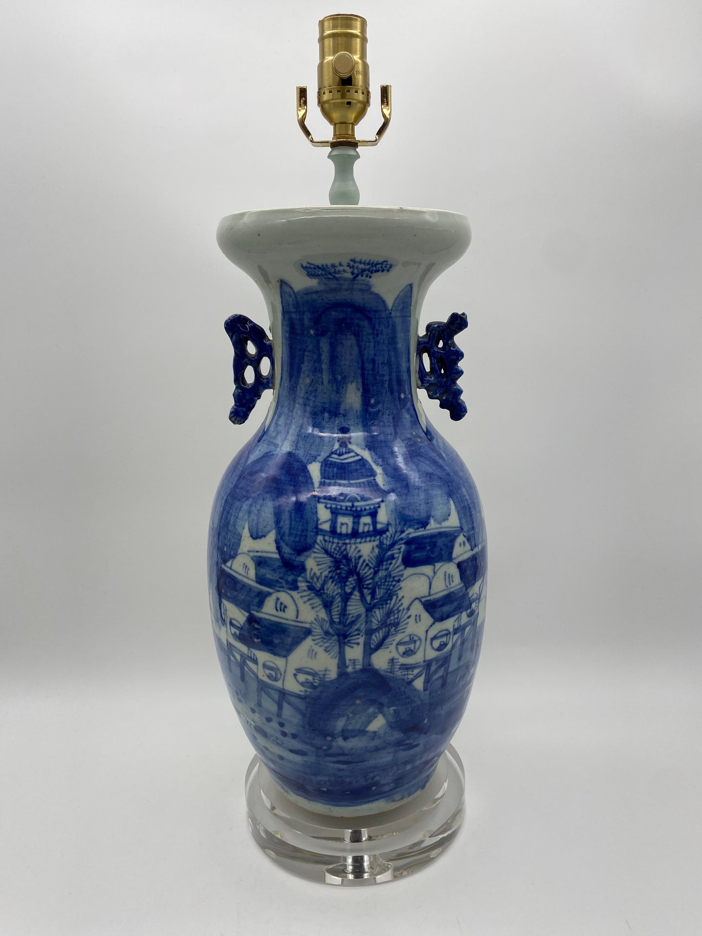 Blue/White-Canton-Village-Lamp.-18.5in.-tall-to-harp-saddle