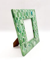 Load image into Gallery viewer, emerald hand inlaid bone ivory diamond corrugated pattern light olive green with darker shades of forest green detail surround picture frame with brown woodgrain finish on reverse side 4x6

