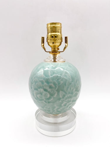 lamps, lamps store, lighting store, Dallas lampshade store, Dallas lamps, interior design Dallas, lampshade store, lampshades Dallas, celadon lamp, Chinese porcelain lamp, acrylic base, chrysanthemum detail, floral lamp, floral relief, jade green vase lamp, jade green