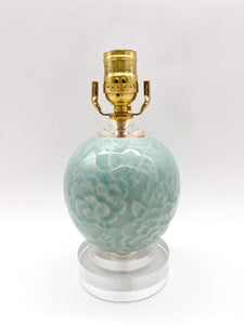 lamps, lamps store, lighting store, Dallas lampshade store, Dallas lamps, interior design Dallas, lampshade store, lampshades Dallas, celadon lamp, Chinese porcelain lamp, acrylic base, chrysanthemum detail, floral lamp, floral relief, jade green vase lamp, jade green