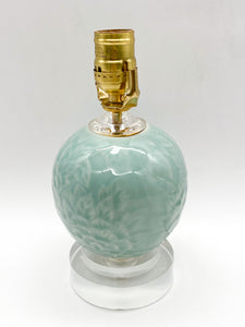 lamps, lamps store, lighting store, Dallas lampshade store, Dallas lamps, interior design Dallas, lampshade store, lampshades Dallas, celadon lamp, Chinese porcelain lamp, acrylic base, chrysanthemum detail, floral lamp, floral relief, jade green vase lamp, jade green
