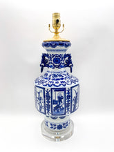 Load image into Gallery viewer, lamps, lamps store, lighting store, Dallas lampshade store, Dallas lamps, interior design Dallas, lampshade store, lampshades Dallas, mineral lamp, agate lamp, acrylic stand, acrylic base, clear acrylic, blue and white, blue &amp; white, ceramic lamp, chinese ceramic, oriental ceramic, pictorial, acrylic base
