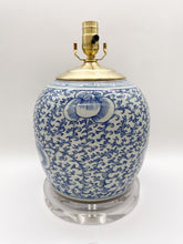 Load image into Gallery viewer, blue &amp; white vase lamp, blue and white, blue and white vase lamp, oriental vase lamp, Chinese vase lamp, Chinese ceramic lamp, ginger jar lamp, melon jar lamp, acrylic base, large ginger jar lamp, Dallas lampshades, Dallas lamp store, lampshades Dallas, lamp store Dallas