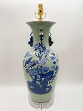 Load image into Gallery viewer, blue &amp; white, blue &amp; celadon, blue/celadon, blue, celadon, peony, peonies, pheasant, floral, vase, urn, tablelamp, vase lamp, vase with ears, vase with handles, acrylic base, chrysanthemum, oriental table lamp, chinese table lamp, ceramic table lamp, asian table lamp, ceramic urn, ceramic vase, great table lamp, grand table lamp